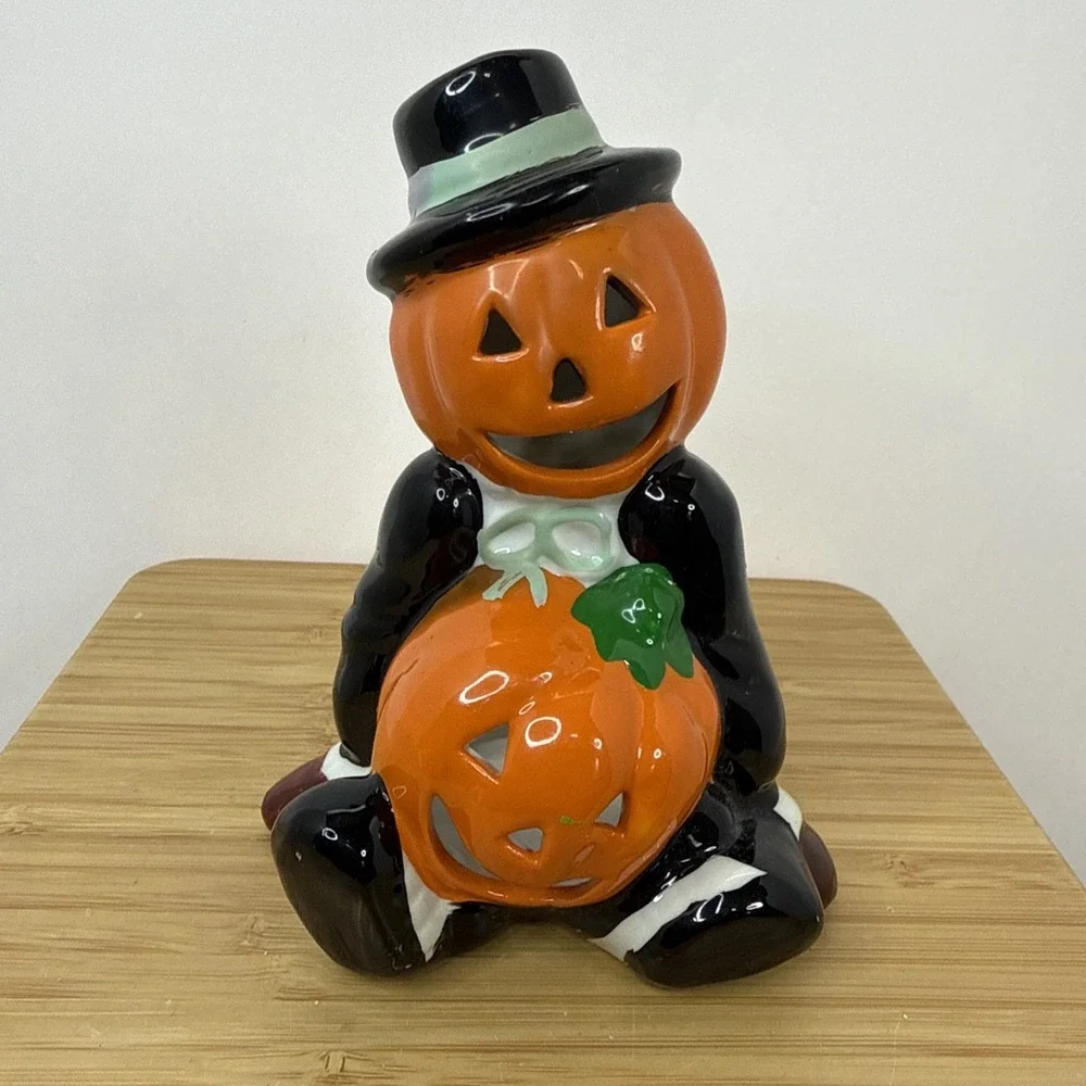 VTG Pumpkin Halloween Jack O Lantern Votive Candle Holder Light‎ Up Head Ceramic